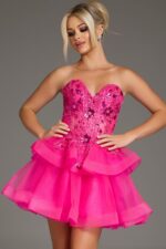Front view of model wearing Jovani 40503 pink dress with sweetheart neckline.