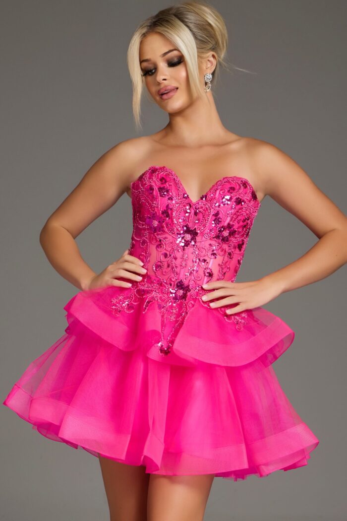 Front view of model wearing Jovani 40503 pink dress with sweetheart neckline.