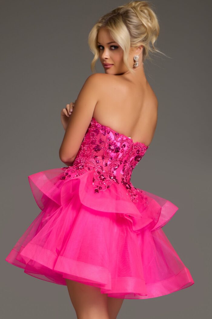 Back view of Jovani 40503 pink dress with detailed embellishments.