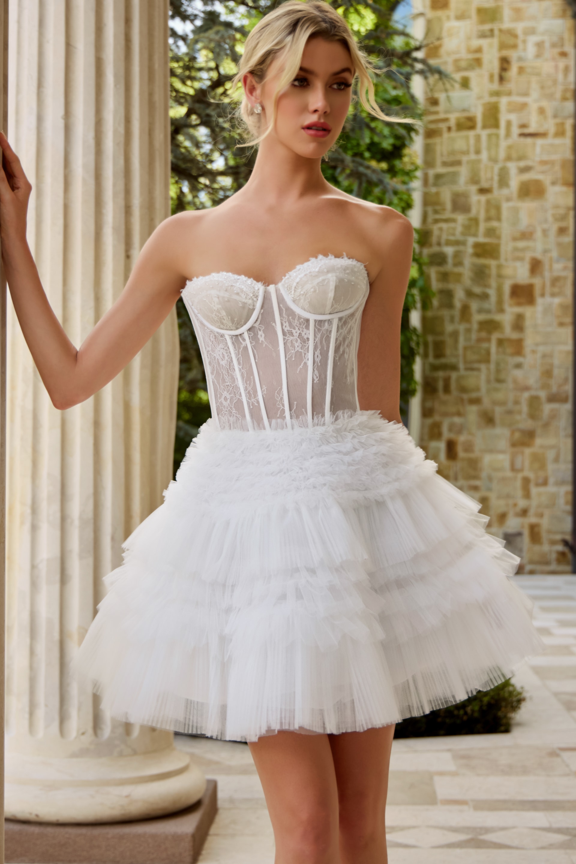 Exquisite Off-White Strapless Lace and Tulle Mini Dress 40580 | Jovani