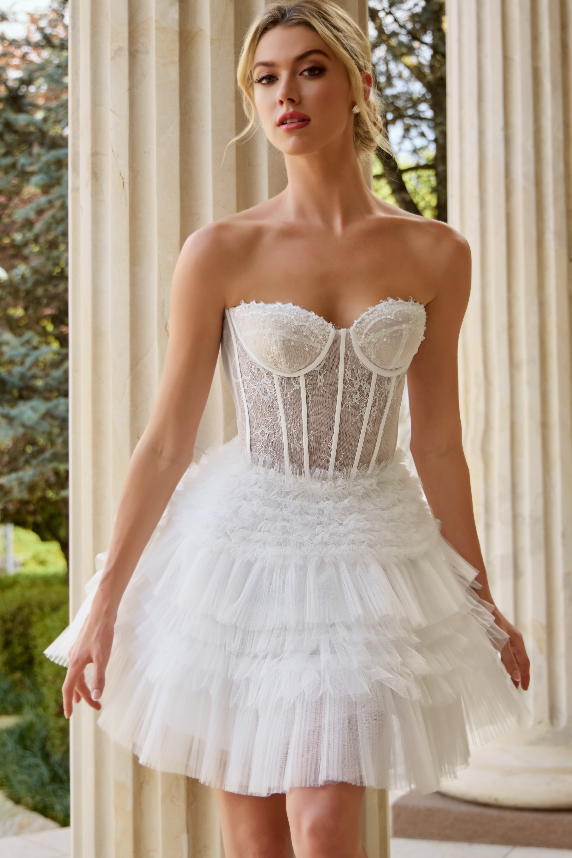 Strapless Corset Lace Dress with Tiered Skirt 40580 | Jovani