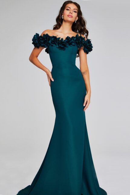model wearing Jovani 40595 elegant emerald gown with off-the-shoulder floral details