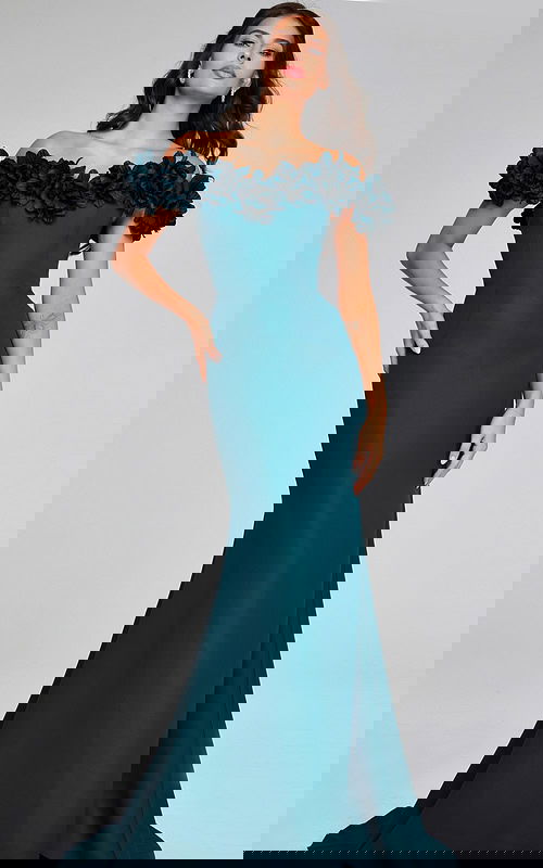 model wearing Jovani 40595 elegant emerald gown with off-the-shoulder floral details