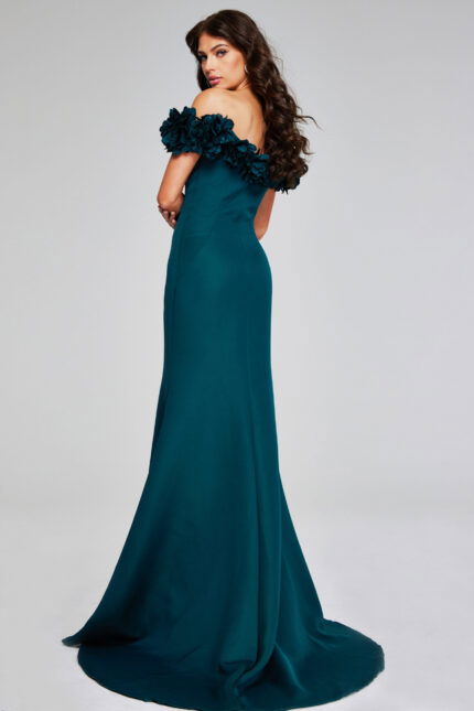 model displaying the back of Jovani 40595 emerald gown with elegant floral details