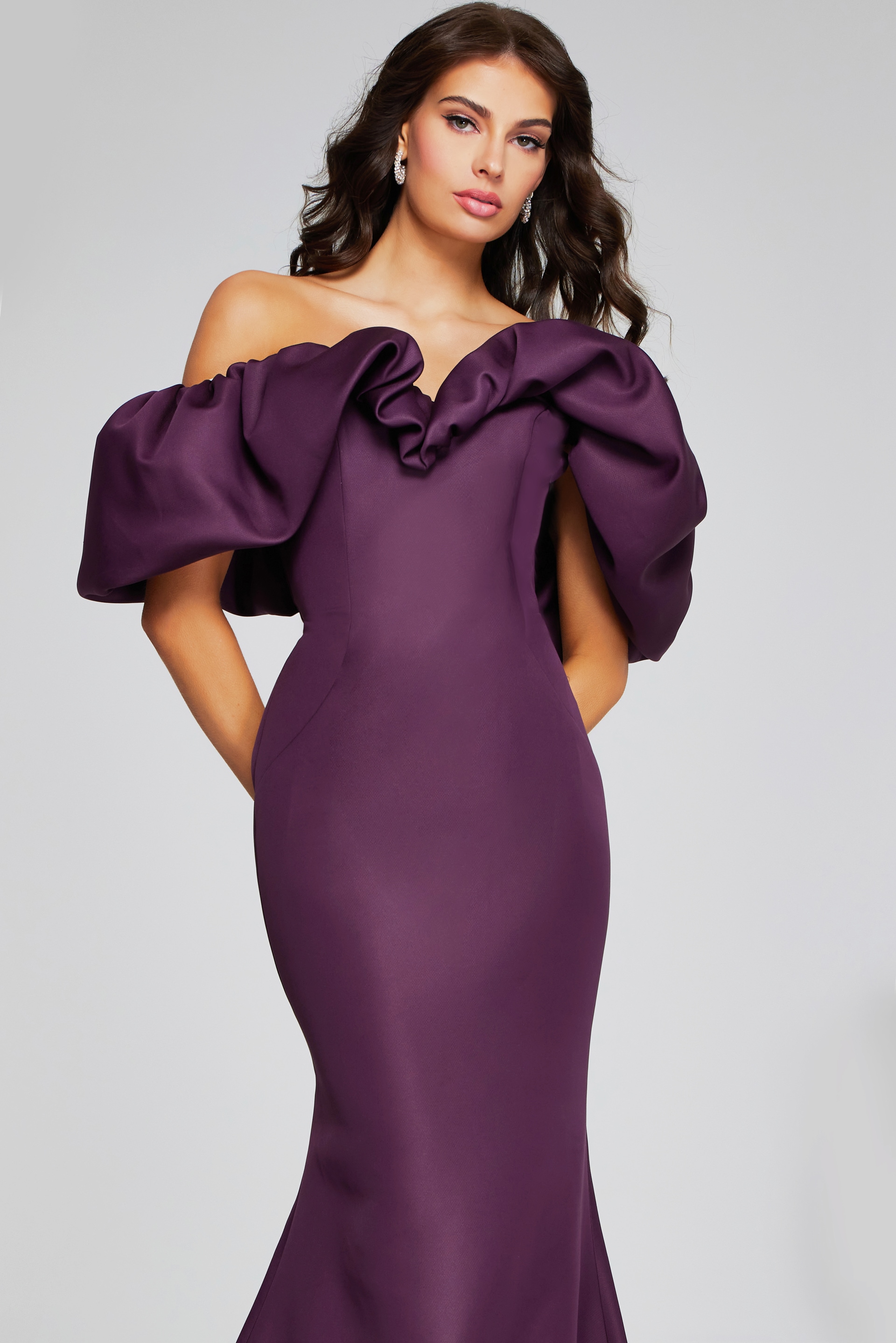 Wine Off-Shoulder Gown with Dramatic Ruffled Sleeves 40596 | Jovani