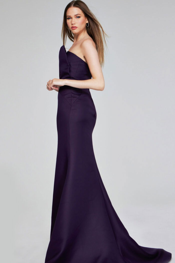 back view of model in Jovani 40598 purple mermaid gown