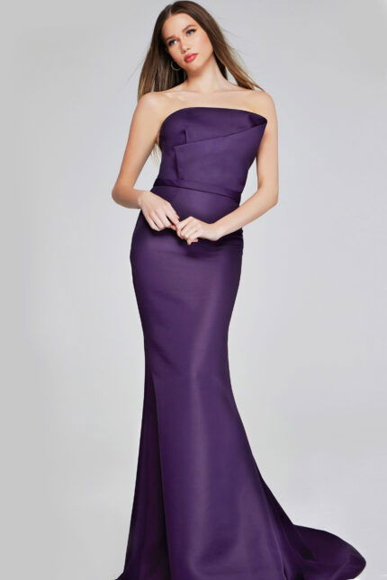 model wearing Jovani 40598 purple mermaid gown with strapless neckline