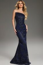 Model wearing navy evening gown with item number 40608, front view highlighting the strapless design and beadwork.