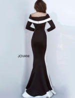 Model wearing Jovani 4062 black dress from the back view, showcasing the elegant silhouette.