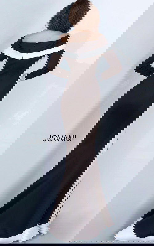 Model wearing Jovani 4062 black dress from the back view, showcasing the elegant silhouette.