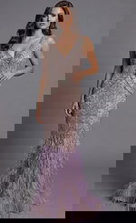 Beaded Gown With Deep V Back And Feather Trim