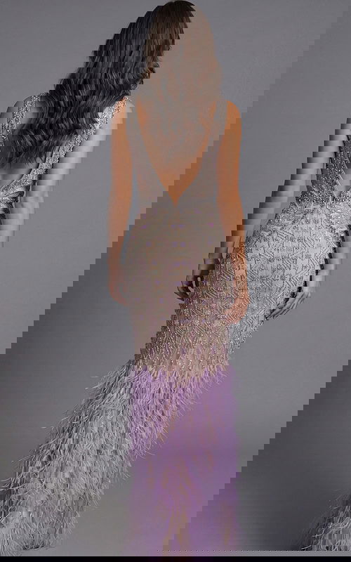 Beaded V Neck Gown With Feather Hem Detail