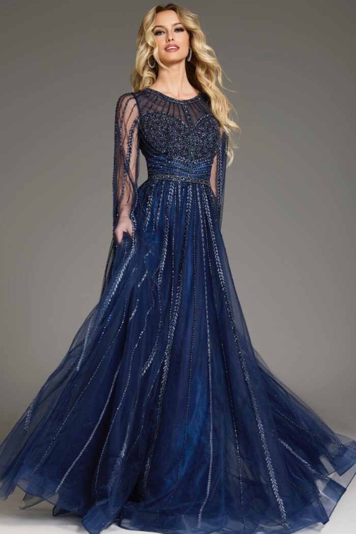 Model in Jovani 40629 navy gown with flowing A-line silhouette.