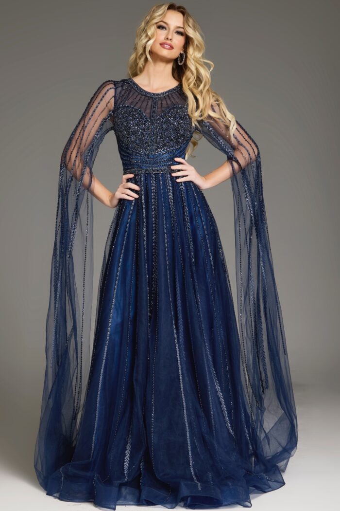 Front view of Jovani 40629 navy gown showcasing intricate beadwork.