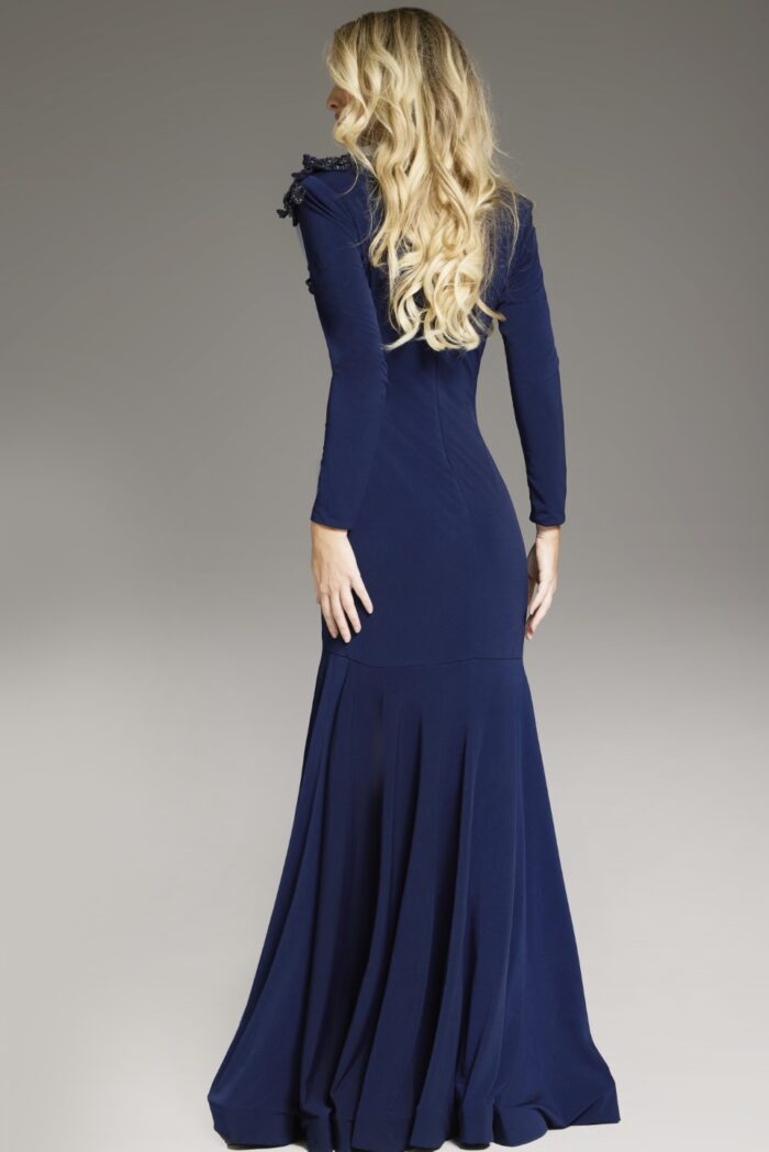 Back view of Jovani 40629 mermaid silhouette navy gown.