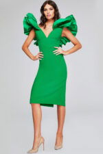 Model showcasing Jovani 40662 emerald dress, front view with deep V-neckline and ruffled sleeves