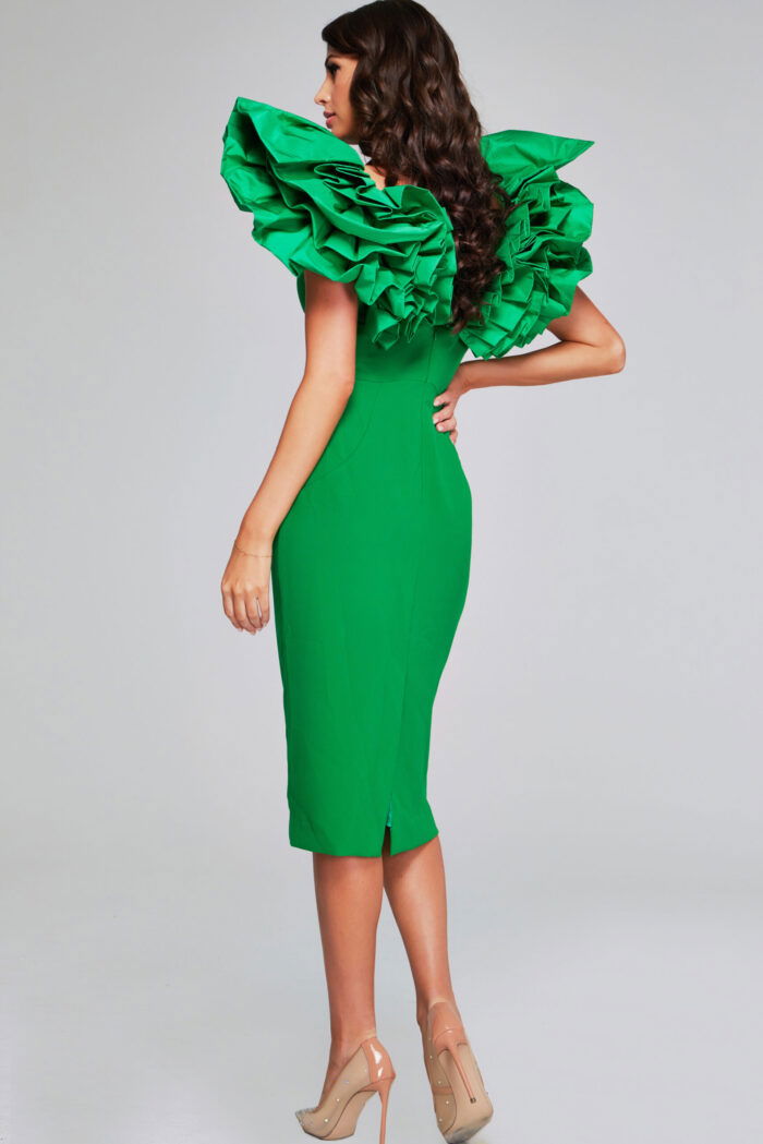 Model wearing Jovani 40662 showing back details of emerald dress with ruffled sleeves
