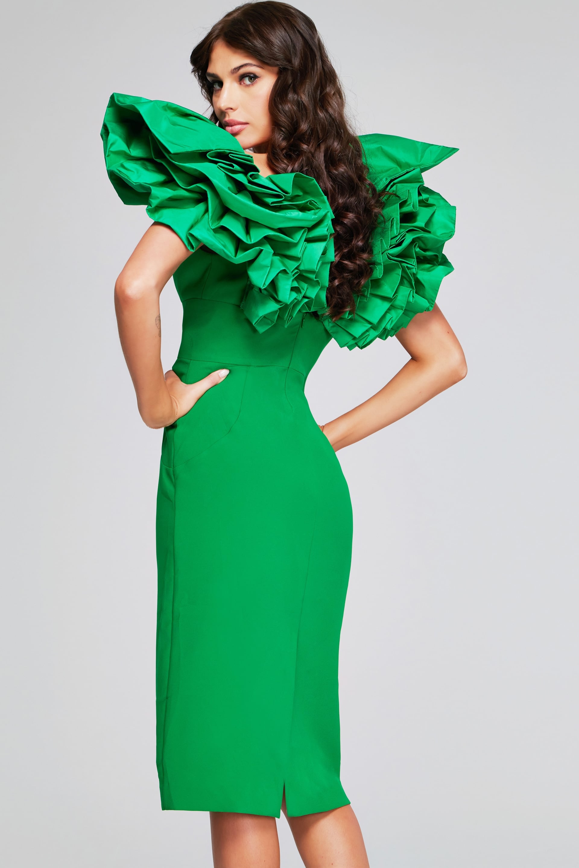 Elegant Emerald Green Ruffle Shoulder Midi Dress 40662 | Jovani