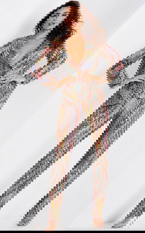 Multicolor sequin pantsuit with deep neckline