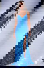 Fitted sequin gown with thin straps, plunging neckline, geometric beading, and a thigh high slit creating a sleek, sculpted silhouette