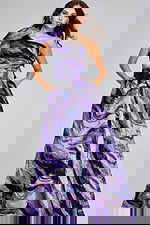 model wearing Jovani 40695 purple gown, frontal view showcasing A-line silhouette