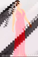 Red halter evening gown with plunging neckline and open back