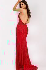 Bold red evening dress with halter neckline and open back design
