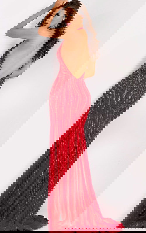 Bold red evening dress with halter neckline and open back design