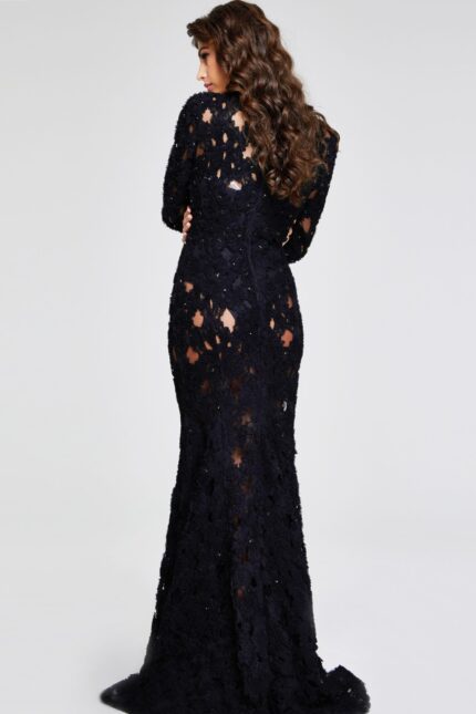 Back view of Jovani 40743 gown showcasing the elegant silhouette and floral lace design.