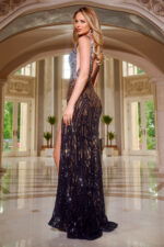 Back view of Jovani 40759 silver gown with elegant sequins.