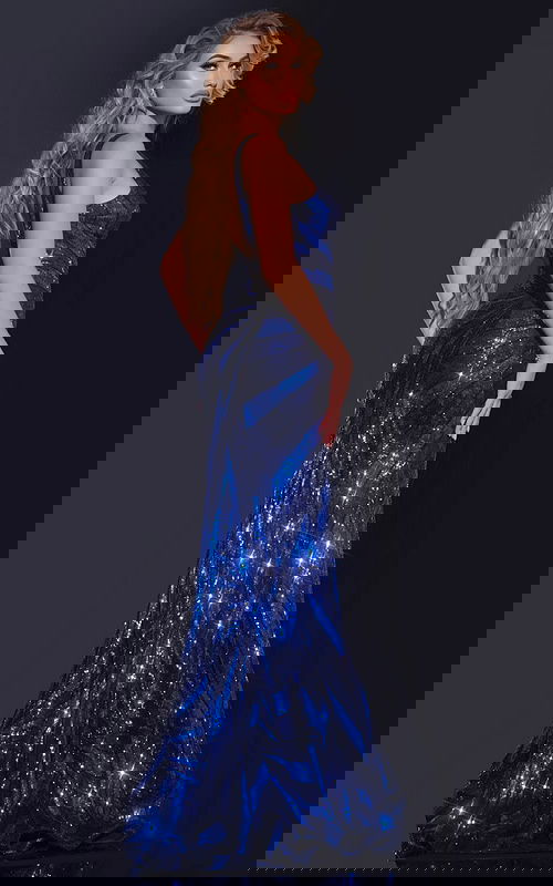 Back view of model wearing Jovani 40766 navy dress with fitted silhouette.