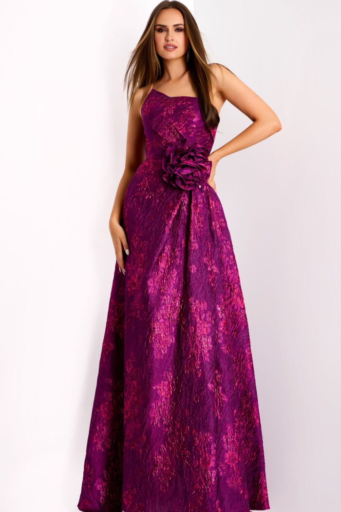 One-shoulder fuchsia jacquard gown with floral rosette detail
