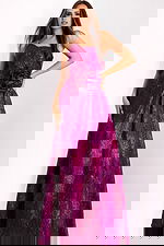 One-shoulder fuchsia jacquard gown with floral rosette detail