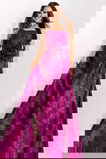 Elegant sleeveless textured evening dress with pink floral sheen