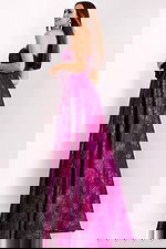 Back view of long formal fuchsia jacquard gown with rosette accent