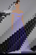 Off shoulder satin ball gown with structured bodice and full flowing skirt