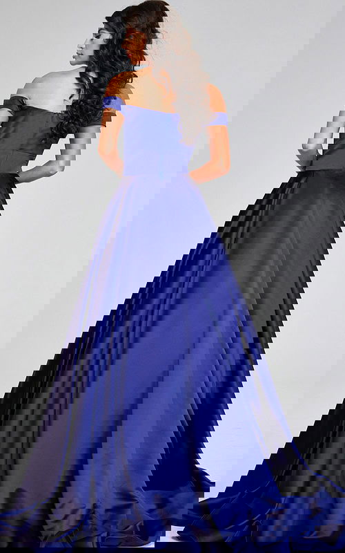 Model wearing Jovani 40787 purple off-the-shoulder dress, back view.