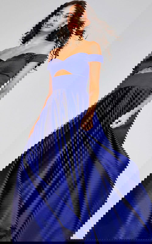 Model wearing Jovani 40787 purple off-the-shoulder dress, front view.