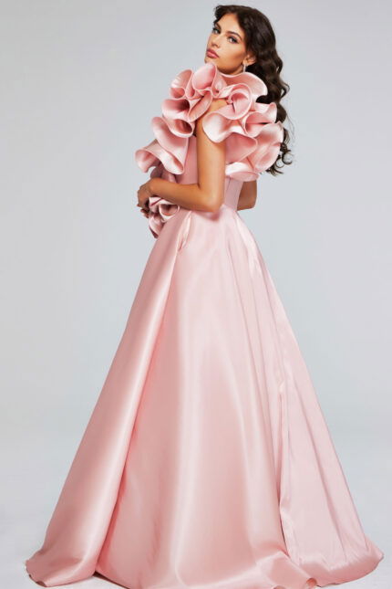 Back view of model in Jovani 40796 blush dress showcasing flowy A-line skirt.