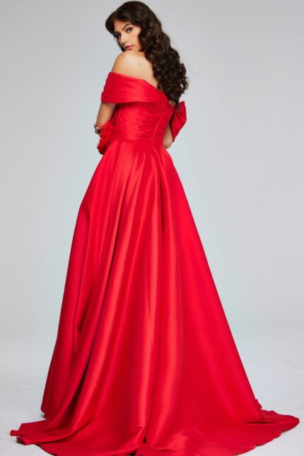 Model wearing Jovani 40832 red gown showing full back view with elegant draping