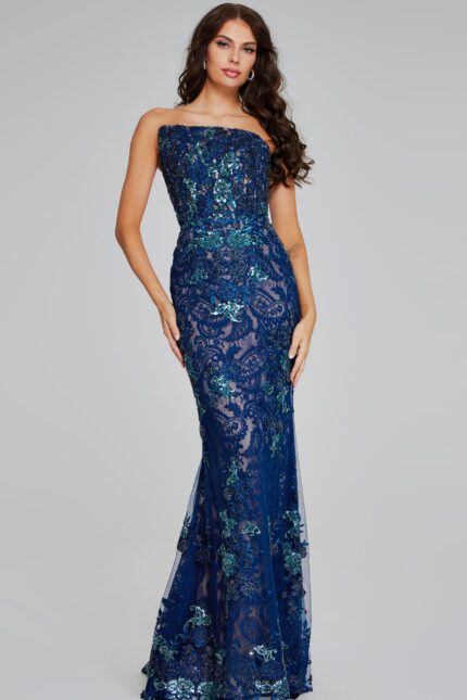 Model wearing Jovani 40847 navy strapless mermaid silhouette dress with lace and sequins, front view.