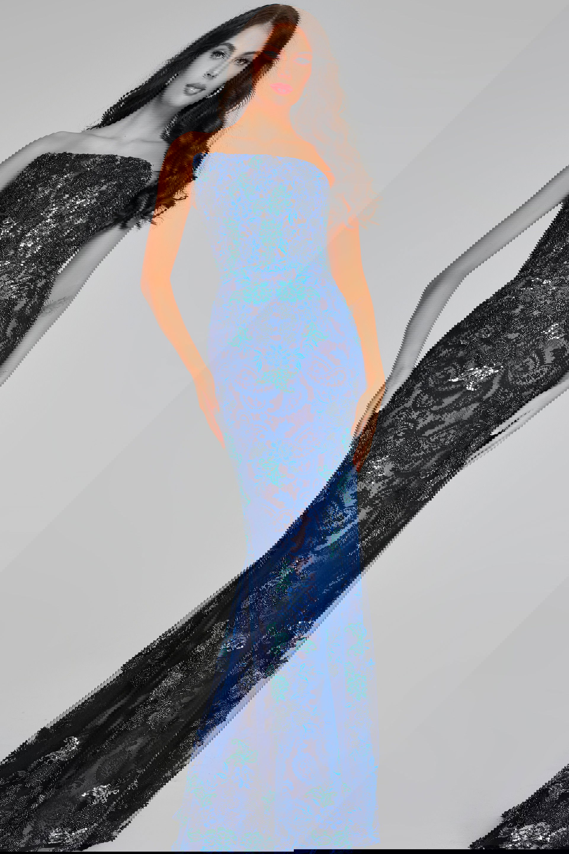 40847-NAVY-201.jpg Model wearing Jovani 40847 navy strapless mermaid silhouette dress with lace and sequins, front view.