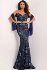 Navy strapless mermaid gown with sequin floral embroidery