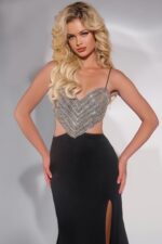 Close-up of Jovani 40884 black gown with beaded sweetheart bodice