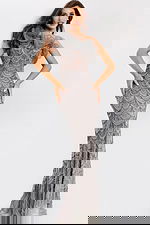 Beaded mermaid dress featuring ruffled neckline and sheer detail