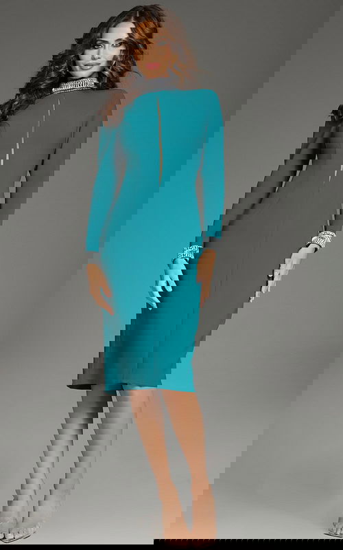 Model wearing Jovani 40910 blue dress with embellished neckline and cuffs, front view.