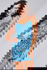 Model wearing Jovani 40916 blue mini dress with sequin details, front view