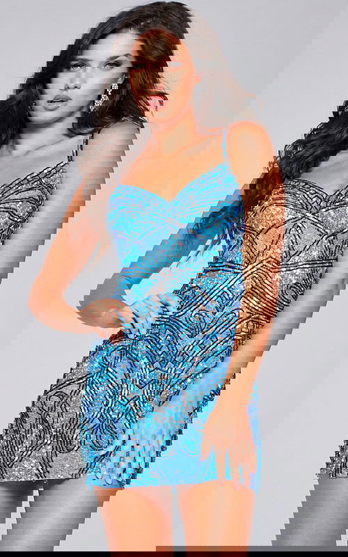 Model wearing Jovani 40916 blue mini dress with sequin details, front view