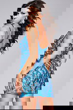 Model wearing Jovani 40916 blue mini dress with sequin details, back view