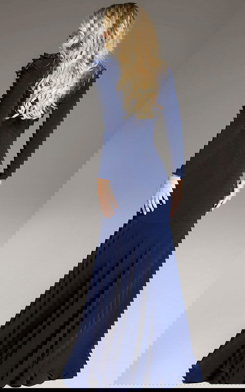 Back view of model wearing Jovani 40926 navy dress with mermaid silhouette.